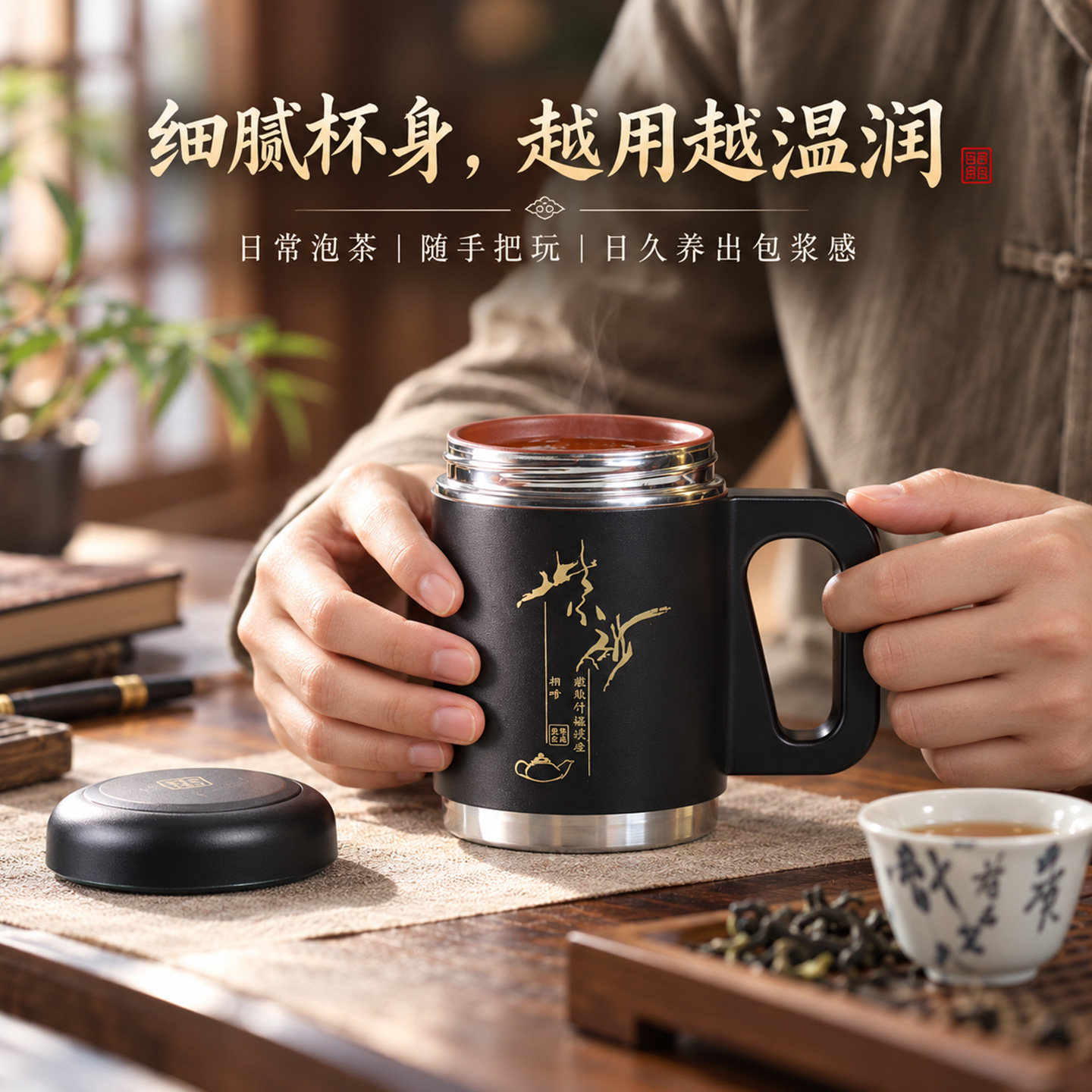 檀轩阁紫砂茶杯紫砂保温杯带手柄男士大容量办公茶杯送礼父亲老师