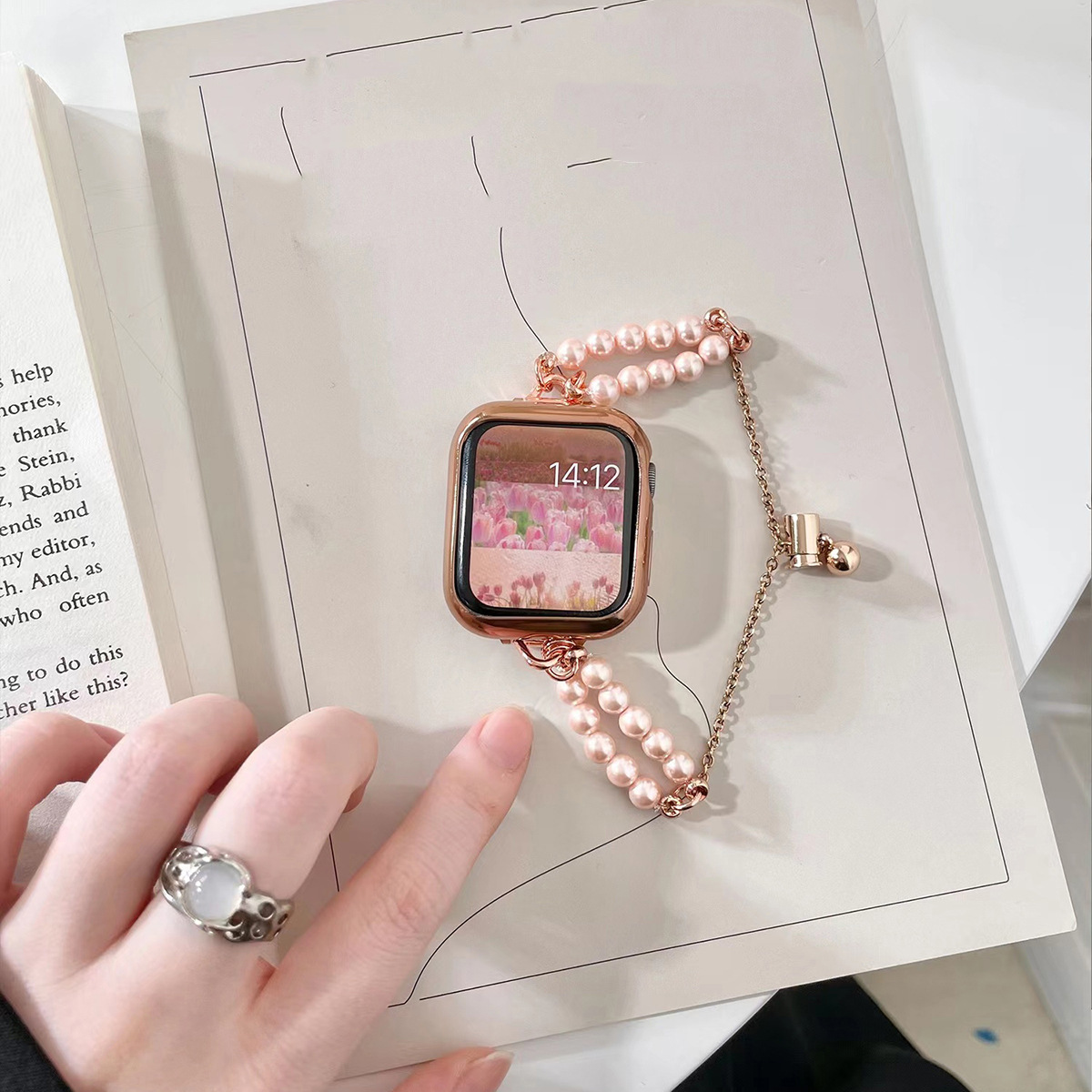 女款适用AppleWatch表带iWatch双排珍珠手表带轻奢风手链式手表带