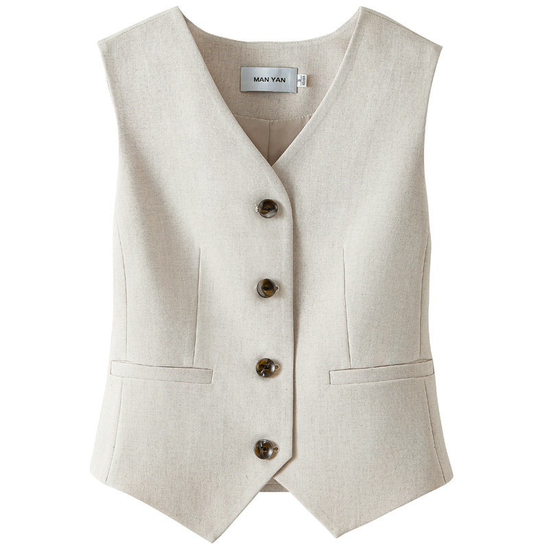 漫沿 燕麦色麻质马甲女款2025春季新款百搭收腰品牌西装马夹背心