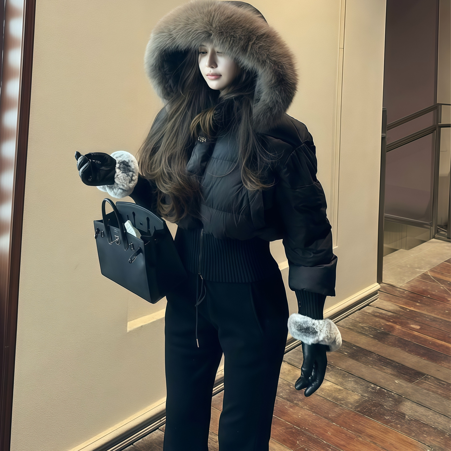 黑色羽绒服女短款超好看大毛领