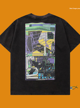 CAV EMPT 19SS 日系蒸汽波抽象图案C.E水洗短袖休闲宽松复古tee男