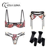 高定蕾丝刺绣文胸套装 法国LOLALUNA艺术内衣 夜女王 性感酒红色