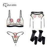 蔷薇粉透明蕾丝内衣套装 法国LOLALUNA 凯丽小姐—套装 女四件套