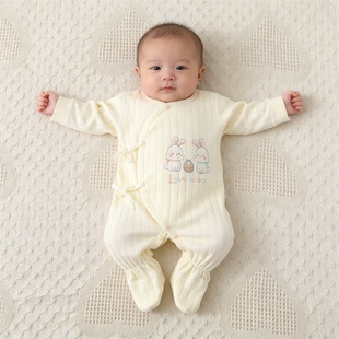 新生儿衣服纯棉系带连脚蝴蝶哈衣刚出生宝宝连体衣婴儿春秋装无骨