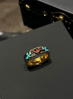 「飞鸟集」vintage中古飞鸟戒指女复古拉丝红色爱心布契风食指戒