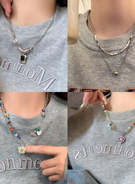 彩色花朵笑脸童趣项链女网红秋冬甜美串珠锁骨链时尚脖颈链卫衣链