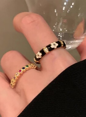法式复古彩色锆石黑色滴釉花朵戒指女小众设计感百搭精致开口指环