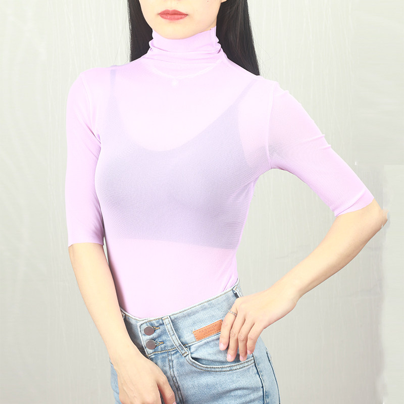 紫罗兰色高领网纱打底衫女夏中袖色冰丝内搭防晒T恤薄纱蕾丝上衣图片