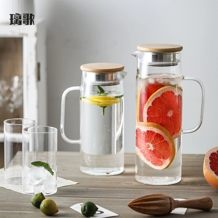 中式耐热玻璃凉水壶耐高温冷水壶家用大容量扎壶果汁单壶竹包钢