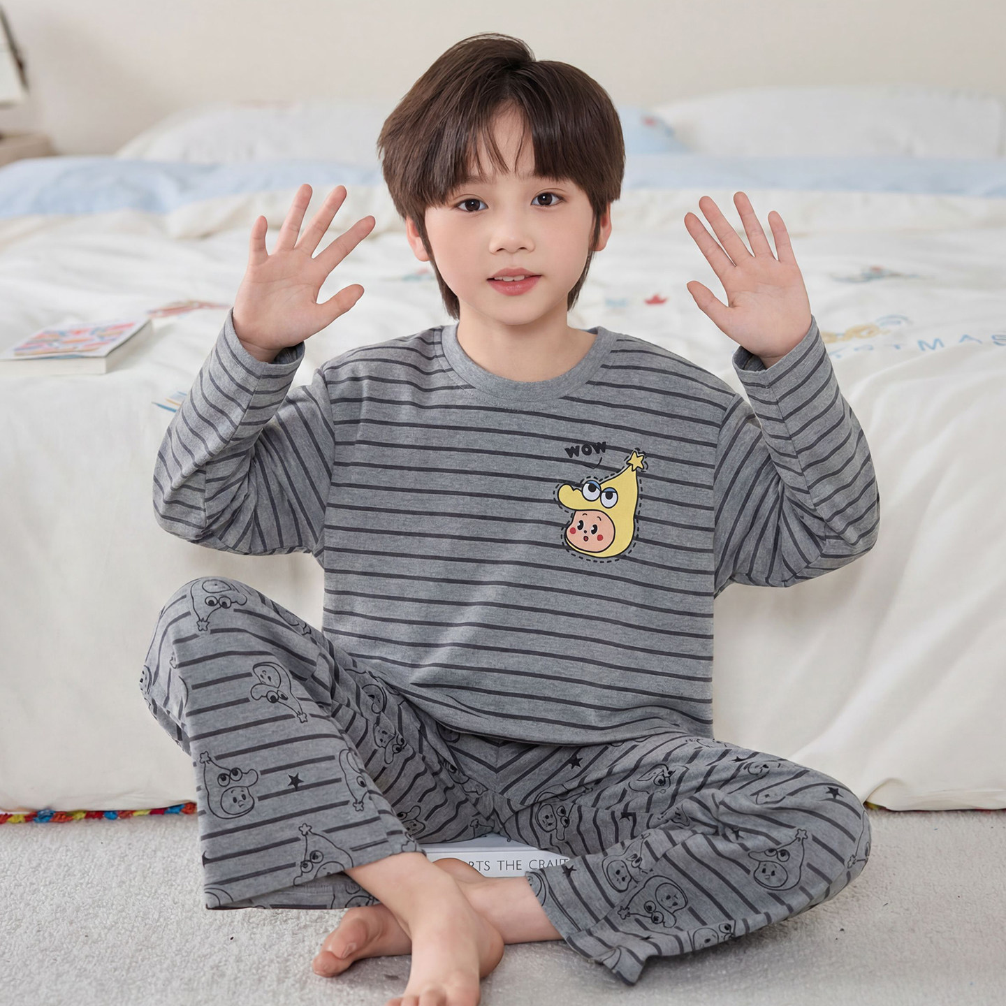 简约条纹青少年休闲睡衣100%纯棉男童长袖韩版潮童男孩家居服套装