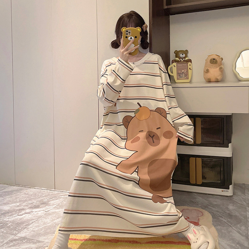 卡皮巴拉少女睡裙女童纯棉卡通长袖2026秋季家居服大童少女睡衣