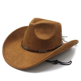 跨境热销复古爵士礼帽麂皮绒翘边西部牛仔帽男女士秋冬季大檐毡帽