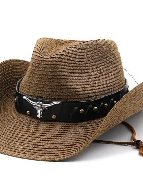 新牛头皮带草帽藏族藏式西部牛仔礼帽可折叠民族风Straw Hat