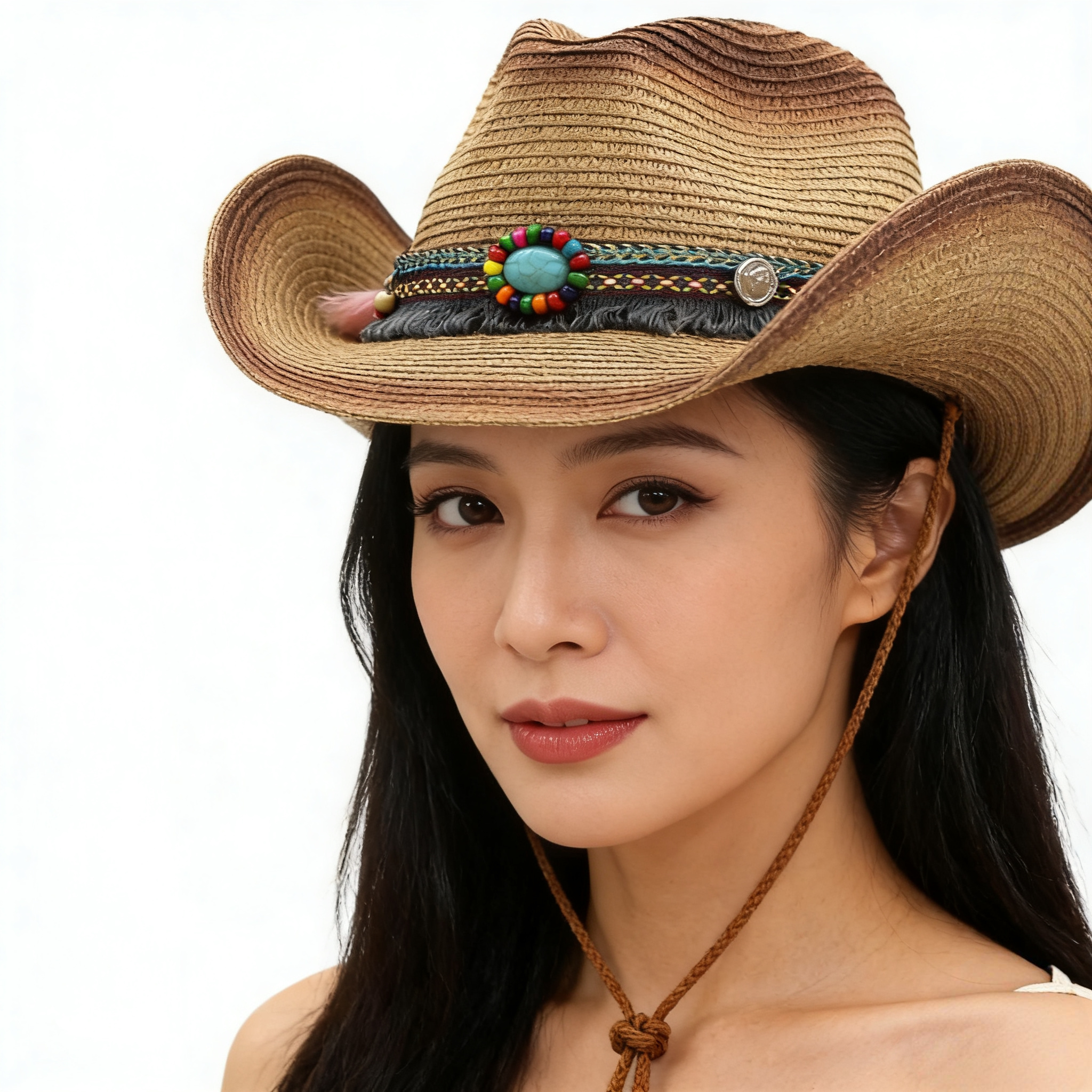 民族风春夏波西米亚风西部牛仔草帽外贸可折叠防风绳藏族藏式礼帽
