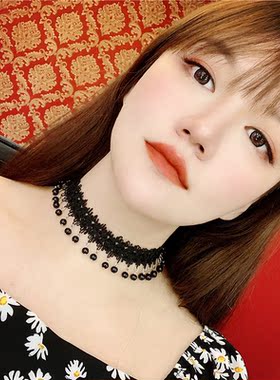 网红蕾丝多层珠链锁骨项链女黑