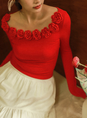 otherbela小众新年氛围感重工手工花朵圆领圣诞收腰修身t恤上衣女