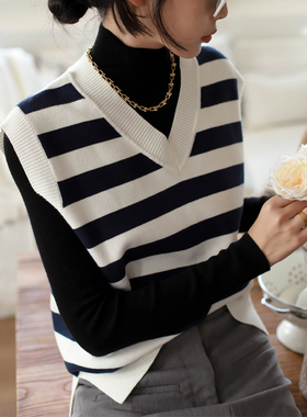 otherbela小众设计秋冬百搭叠穿白色条纹V领针织打底马甲背心女