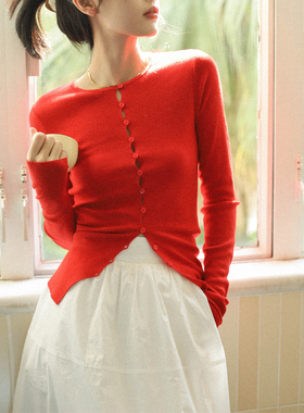otherbela小众法式氛围感博主风新年红单排扣长袖亲肤针织开衫
