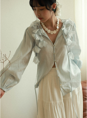 otherbela小众设计感清冷感早春度假风手工花朵苎麻气质长袖衬衫