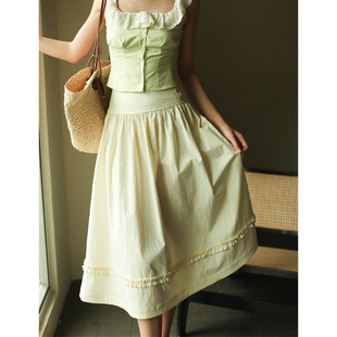 otherbela小众设计减龄度假百搭纯色捏褶花边a摆高腰气质半身裙