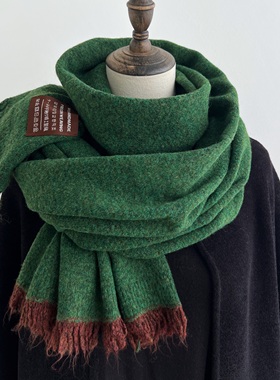 拼色流苏绿色围巾女款冬季轻薄款加大加宽披肩两用高级感保暖长款
