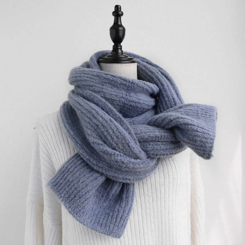 ins雾霾蓝围巾女冬季纯色百搭马海毛学生柔软粗毛线针织米白围脖