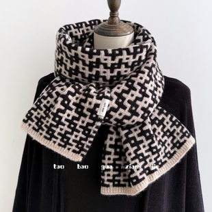 澳洲100%纯羊毛几何格纹针织围巾女保暖冬季高级感围巾柔软百搭男