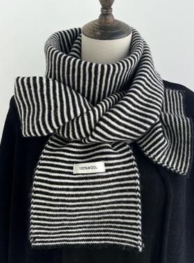 冬季大衣外套搭配单品男女通用黑白拼色条纹羊毛围巾窄长版小围巾