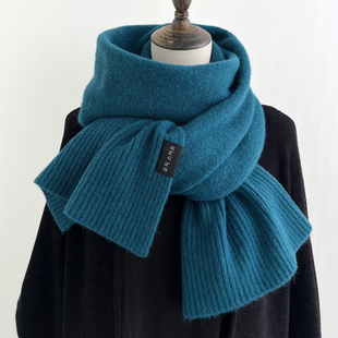 冬季纯色高级感孔雀蓝围巾女黄色卡其色针织蓝色毛线围脖情侣款男