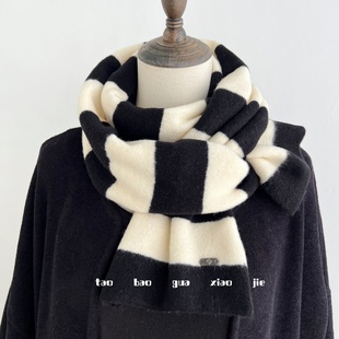 韩版软糯含羊毛拼色黑白条纹围巾女冬季百搭保暖短款小围脖情侣款
