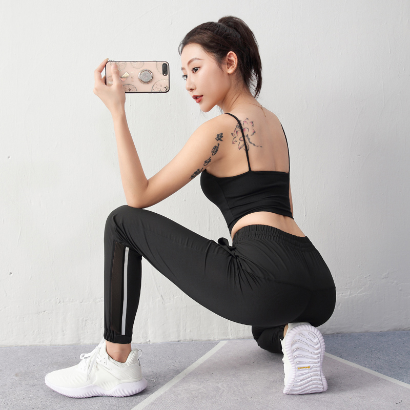 运动长裤女夏季薄款宽松显瘦晨跑步健身房瑜伽服速干黑色九分裤子