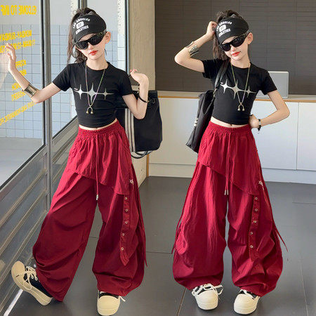 女童夏季套装2026新款儿童黑色紧身短袖上衣中大童速干系带裙裤