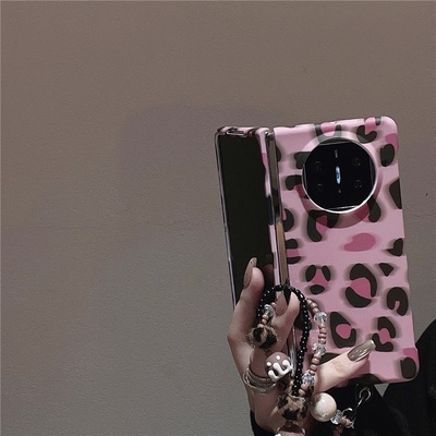 粉色豹纹适用华为MateX5折叠屏手机壳matex3磨砂硬壳ALT-AL10典藏版荣耀MagicV2女款OPPOFindN3/N2手绳链条新