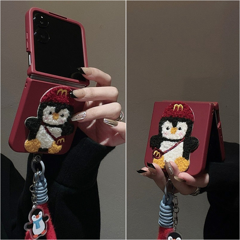 适用折叠屏小米MixFlip手机壳荣耀MagicVFlip壳膜一体nova华为pocket2刺绣企鹅挂绳摩托罗拉Razr50Ultra三星