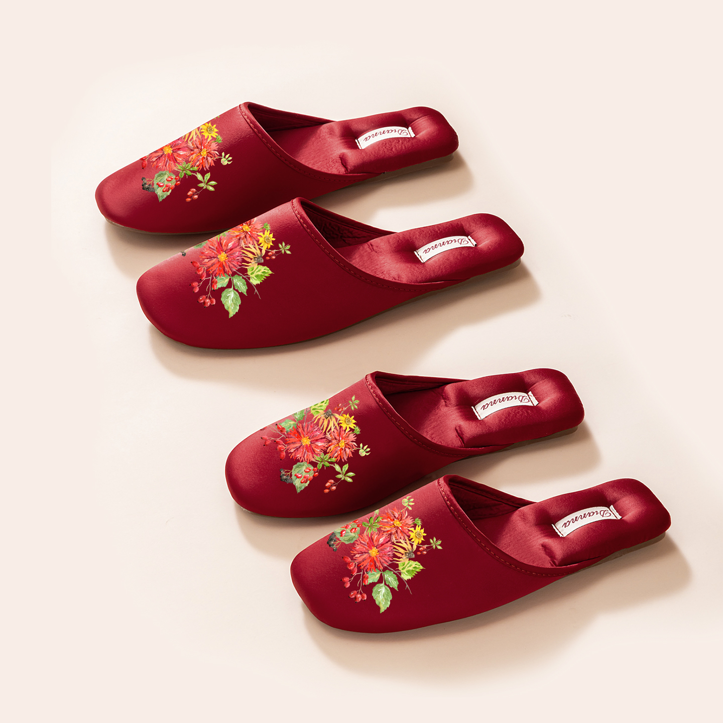 女士结婚拖鞋喜庆保暖居家室内高颜值缎面印花舒适地板鞋情侣包头