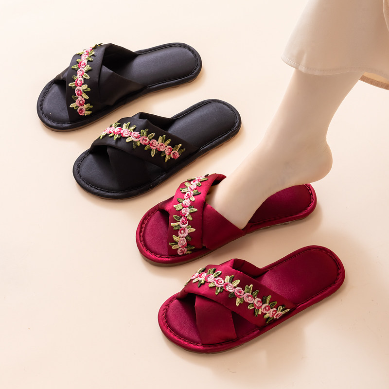 情侣居家凉拖鞋高级感缎面轻奢喜庆酒红色舒适地板鞋结婚拖鞋女士