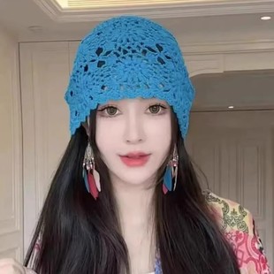 手工钩针毛线帽子女秋冬2025新款堆堆帽镂空保暖包头帽遮白发帽子