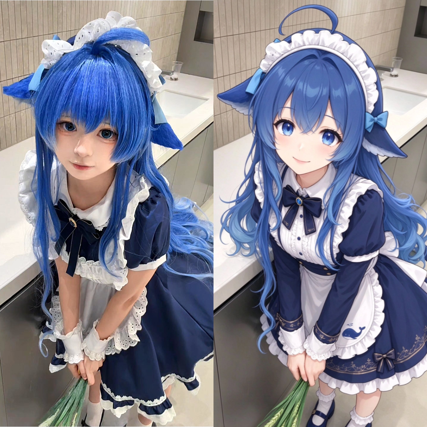 Deepseek大肥鱼cos鲸鱼娘Cosplay服装 深蓝色短裙女仆装可爱套装