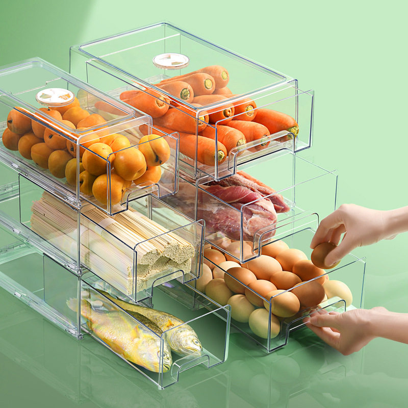 PET密封冰箱保鲜收纳食物透明储物盒大容量厨房分类整理有英文板