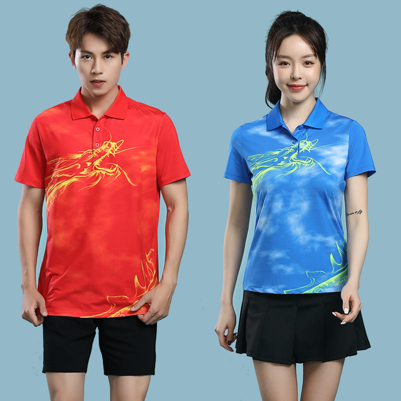 新款羽毛球服男女款翻领套装上衣速干排球红色儿童款乒乓球龙舟服