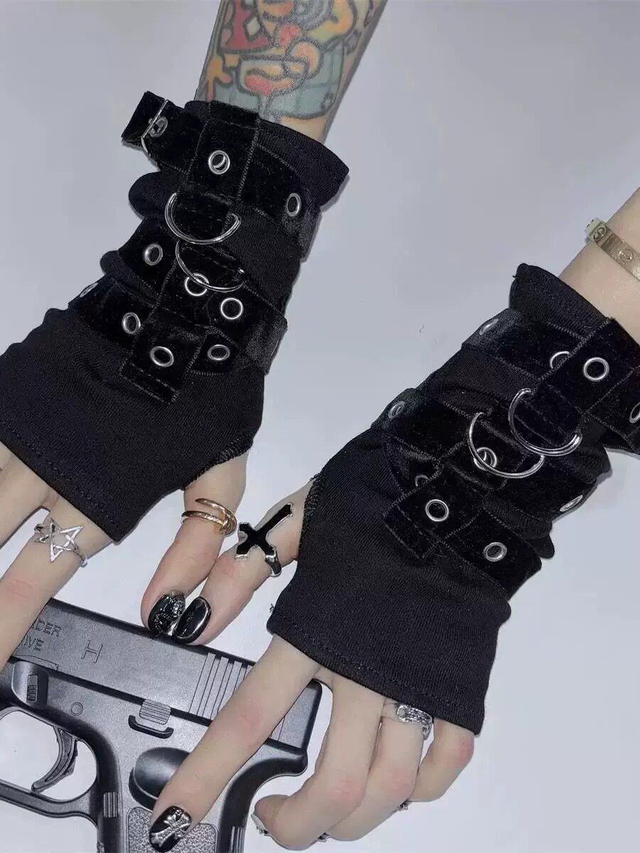 thumbnail for Dark metal punk style cos subculture strap-on half finger hand sleeves ins male and female functional style Yabi gloves y2k