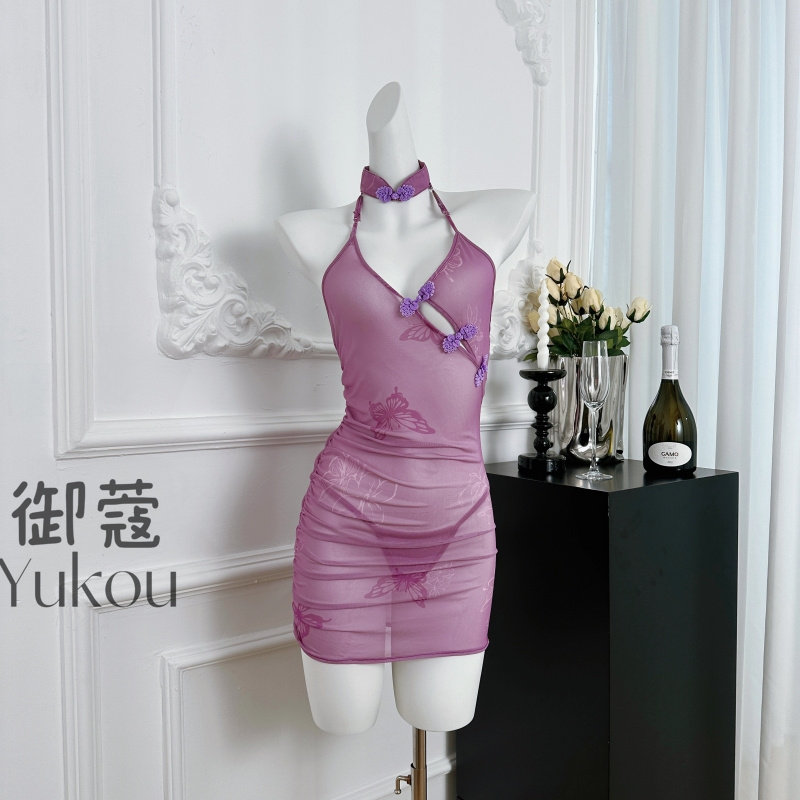安奈森「紫色韵味」性感紫色复古盘扣立领古风汉服睡裙包臀旗袍