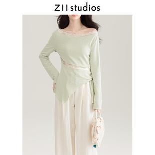 上衣 Z11韩系甜美蕾丝拼接长袖 T恤女2025初秋季 新款 一字肩短袖