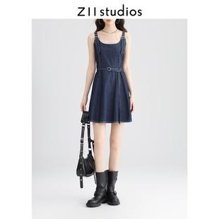 新款 Z11牛仔吊带连衣裙女2025年秋季 复古收腰显瘦气质感A字短裙子