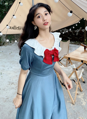 鲸鱼原创自制复古蓝色缎面荷叶花边大圆领中长裙收腰蝴蝶结连衣裙