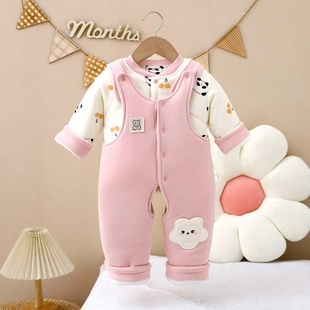 婴儿冬季棉花衣套装男女宝宝加绒加厚保暖背带裤两件一件过冬棉袄