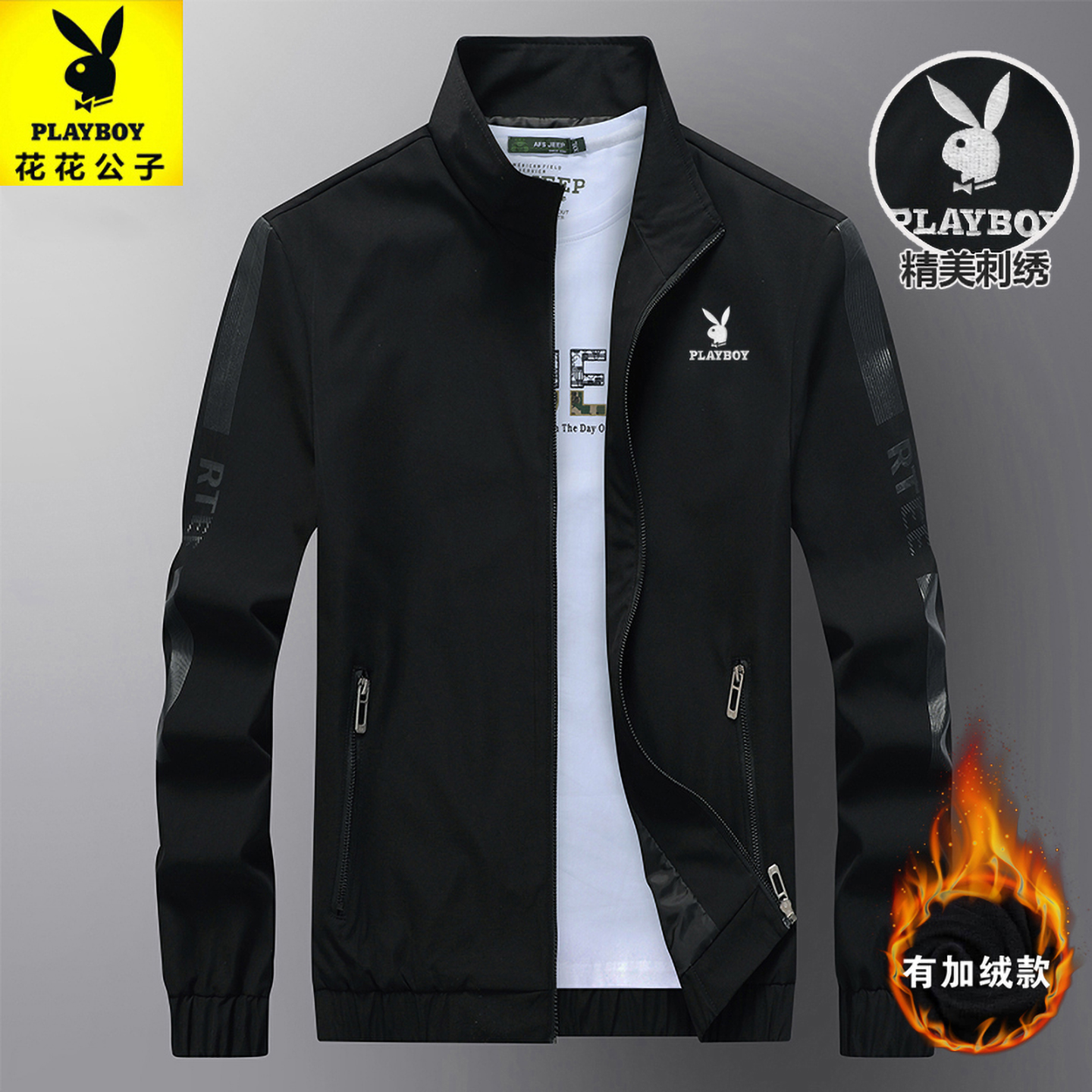 花花公子秋冬季新款男立领夹克衫中青年加绒加厚保暖爸爸冬装外套