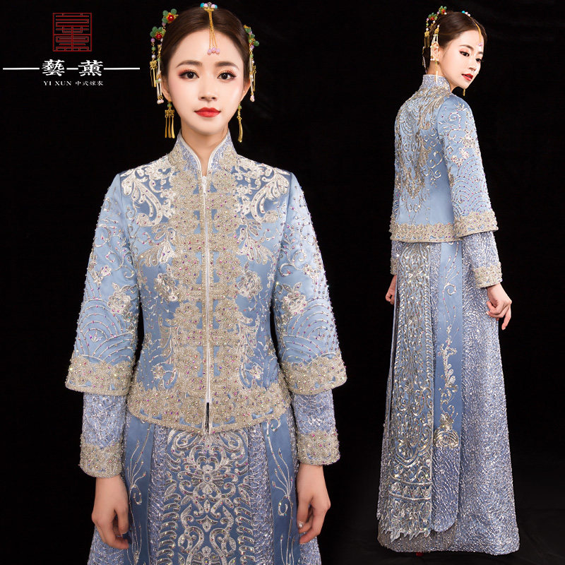 秀禾服新娘2021新款蓝色结婚古装中式婚纱礼服敬酒服女龙凤褂春季