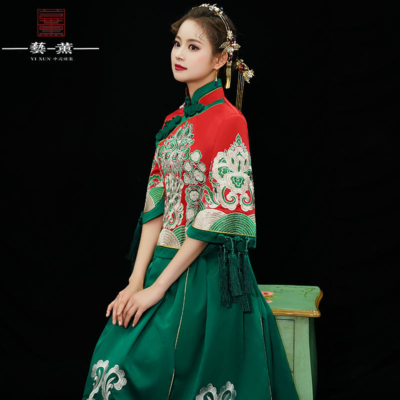 秀禾服新娘2021新款春结婚中式绿色嫁衣婚纱礼服敬酒服龙凤褂绣禾