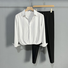 夏季 竖条纹白衬衫 黑西装 垂感男裤 子潮帅气时髦炸街套装 两件套装